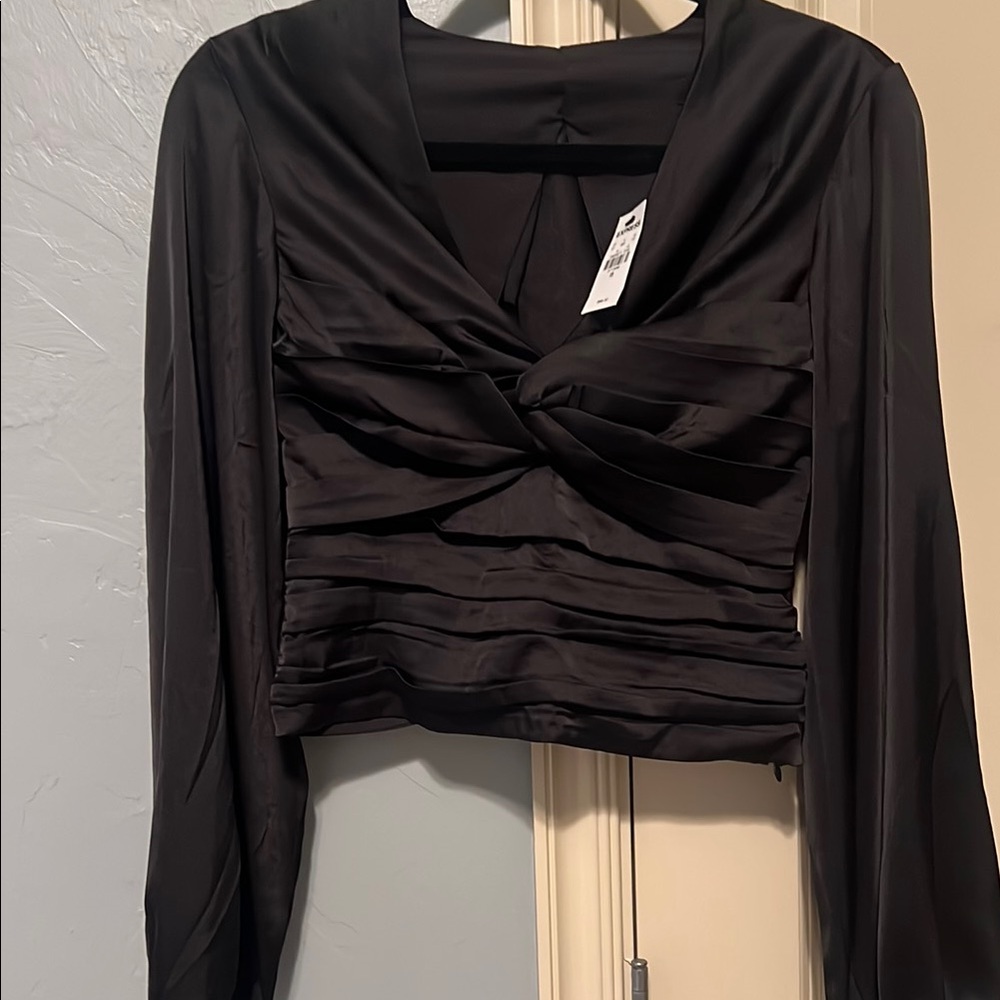 Express Black Ruched Long Sleeve Crop Blouse